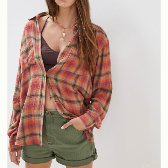 Anthropologie Tops - ANTHROPOLOGIE Pilcro Seamed Tunic Button Down Plaid Shirt Size L
